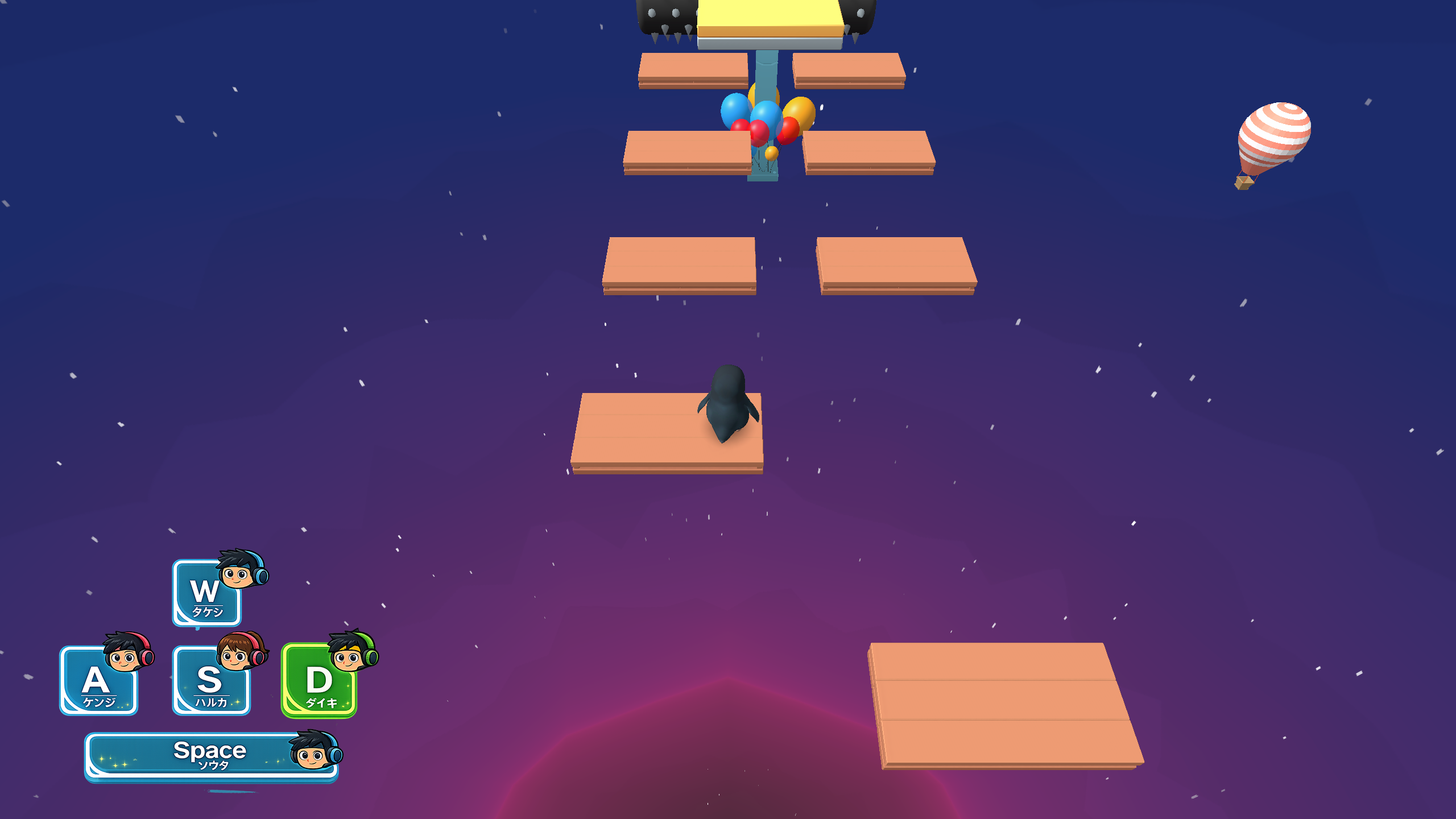 Gameplay screenshot showing a tight platforming section with hazards and clouds